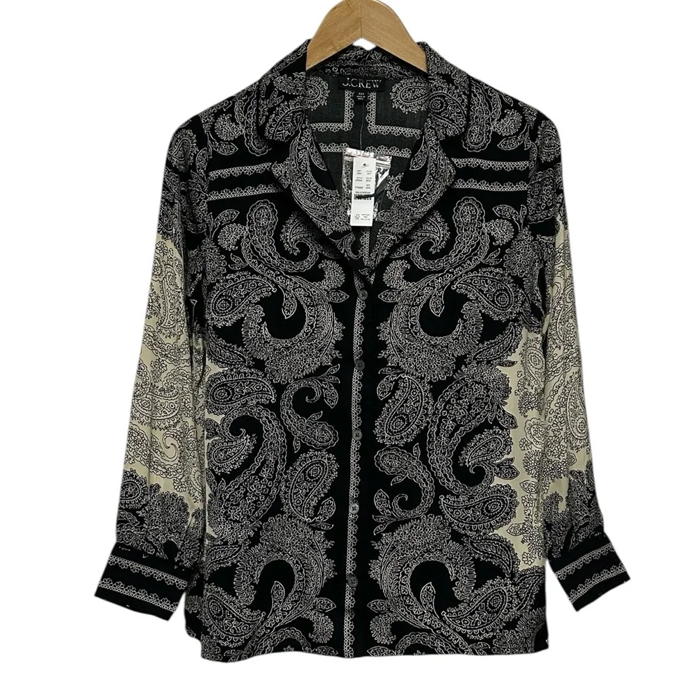 J. Crew Drapey camp-collar shirt paisley scarf‎ print Black Candlelight Size XXS